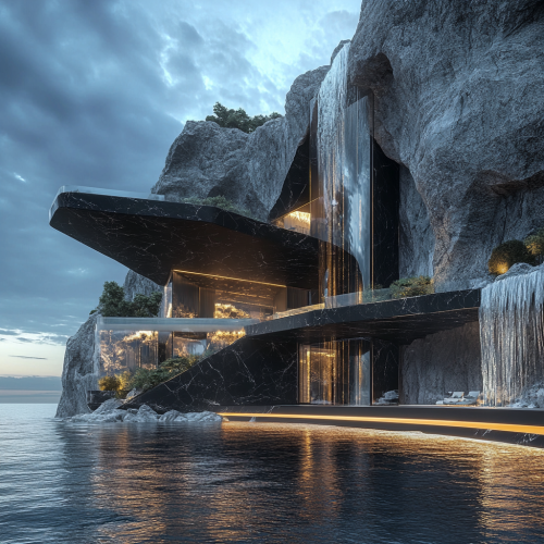A futuristic mansion on a cliff above the ocean
