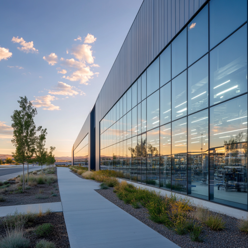 A futuristic manufacturing plant with high-tech equipment inside