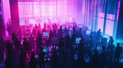 A futuristic office with neon lights and crowd