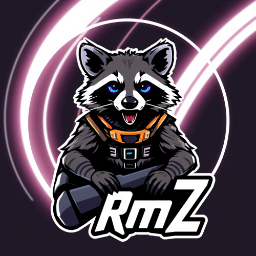 A futuristic raccoon with RmZ logo.