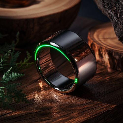 A futuristic ring on wooden table with technology features.