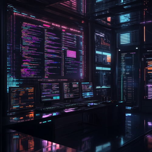 A futuristic workspace with holographic screens displaying code