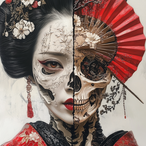 A geisha with half skeleton, half human face