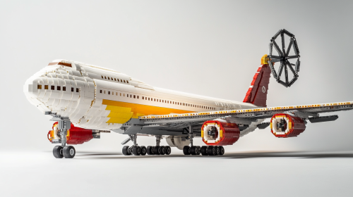 A giant Lego Boeing 747 in white studio