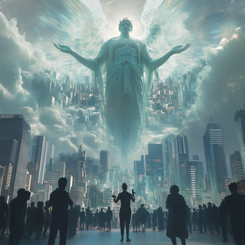A giant god greets humans in anime city A giant god greets humans in anime city
