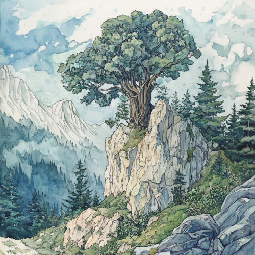 A giant tree growing up mountain in watercolor
