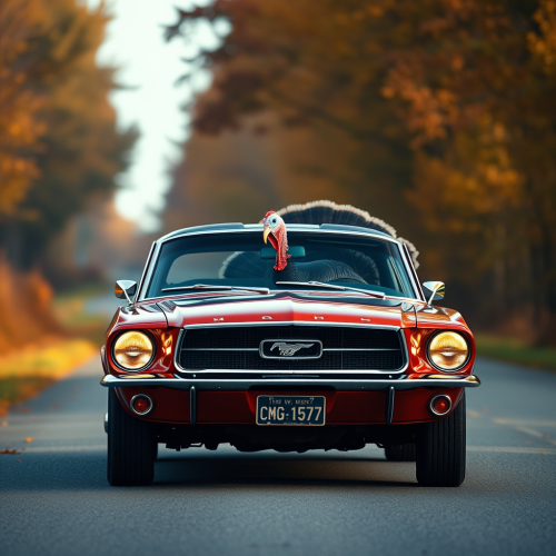 A giant turkey drives Ford Mustang on road.