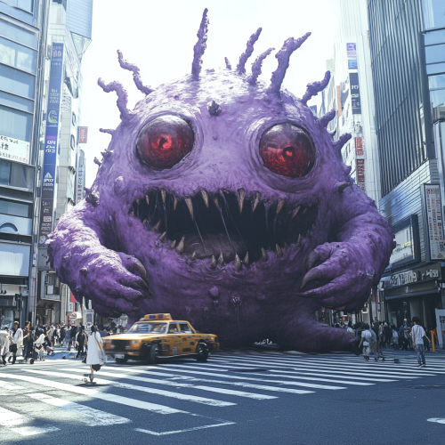 A gigantic purple monster with red eyes