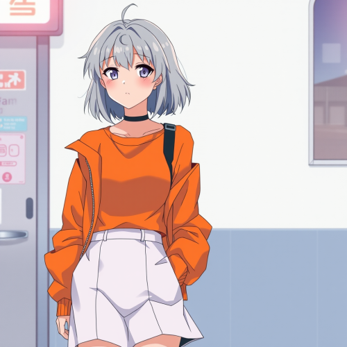 A girl in retro anime style with grey hair.