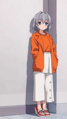 A girl in retro outfit leaning against wall