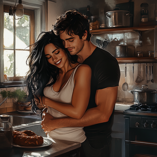 A girl in t-shirt hugs a boy, smiling