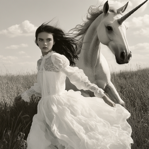A girl in white dress with unicorn, running