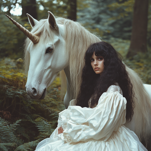 A girl in white dress with unicorn in forest