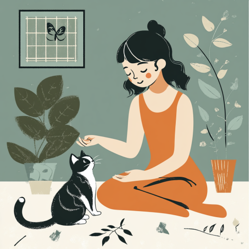 A girl playing with a cat in calm colors