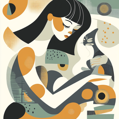 A girl playing with a cat in colorful style