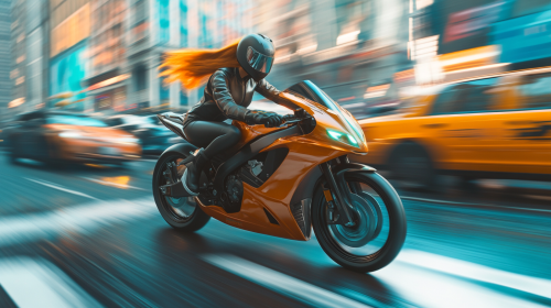 A girl speeding on her motorcycle between cars