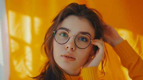A girl with glasses on yellow background