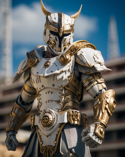 A gladiator in gold armor with snake sword