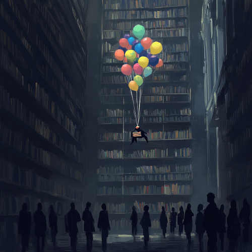A gloomy library with students reading grey books. One student with colorful balloons and glowing book stands out.