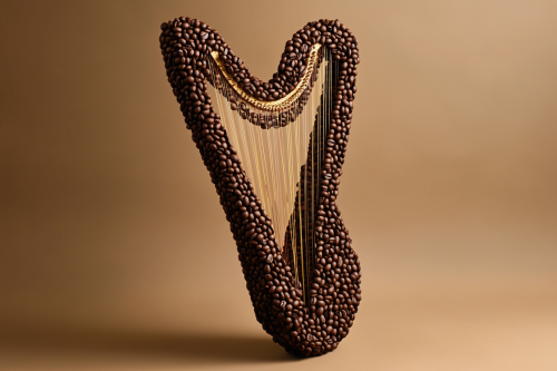 A golden harp made of coffee beans