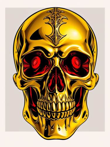 A golden skull with a red eye.