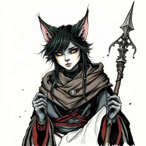 A gothic cat sorcerer with staff on white.