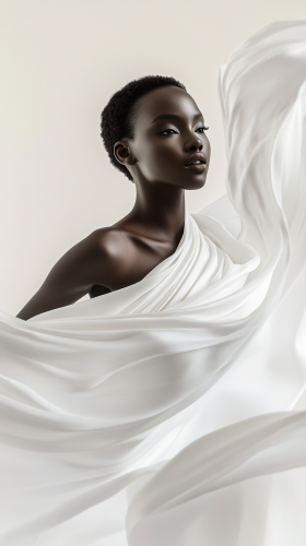 A graceful black model in flowing white silk
