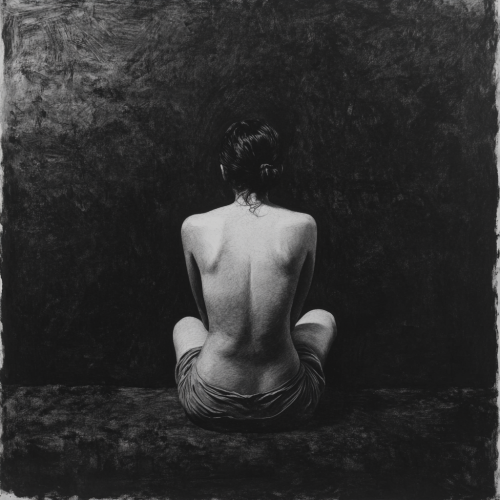 A graceful woman in charcoal, facing away