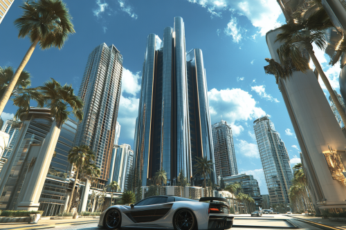 A grand, tall skyscraper in the city scene