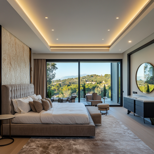 A grand Spanish villa's luxurious, contemporary master bedroom