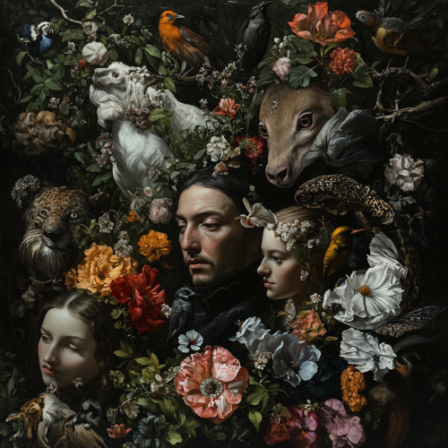 A group of people with wild animals in forest