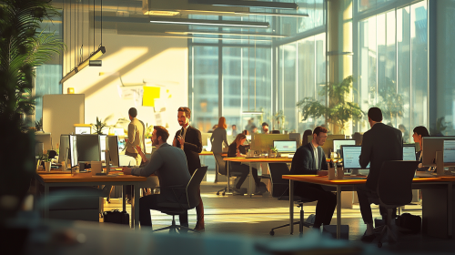 A group of professionals talking openly in office.