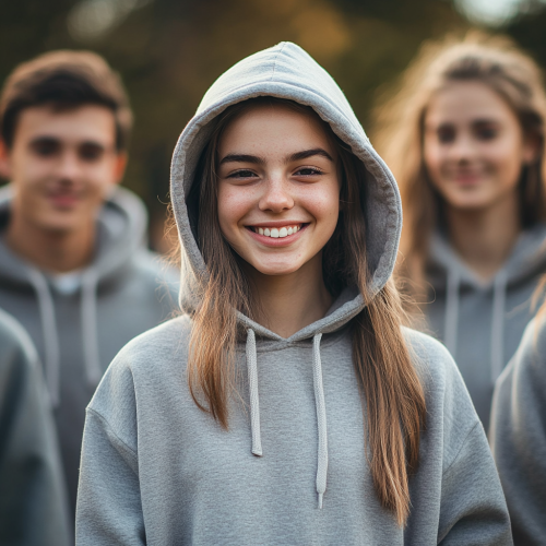 A group of smiling teenagers in matching hoodies