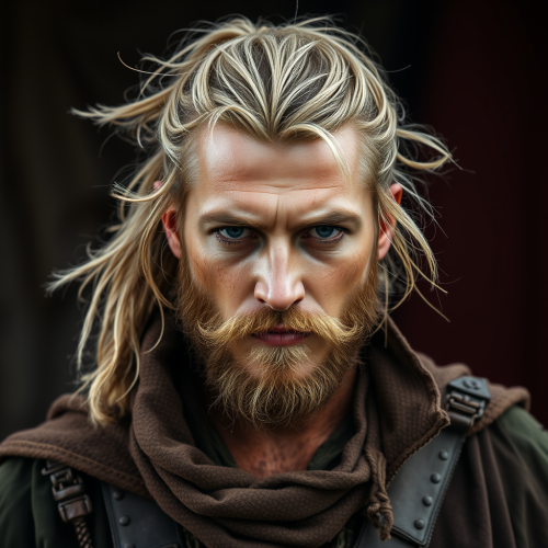 A handsome pirate with blonde hair and facial hair.