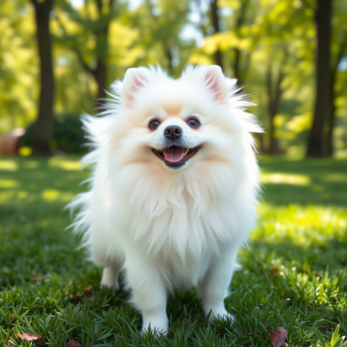 A happy Pomeranian dog in a sunny park.