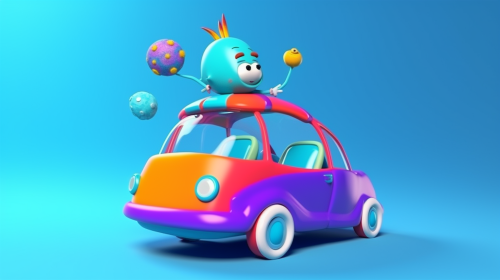 A happy astronaut on colorful cartoon car