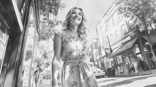 A happy blonde woman walks on city street