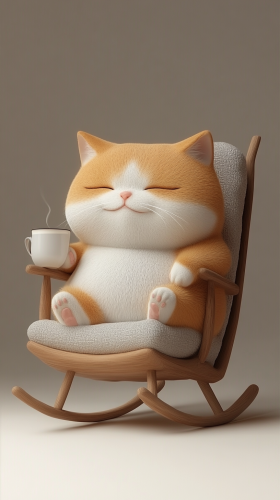 A happy cat enjoying tea in a cozy chair.