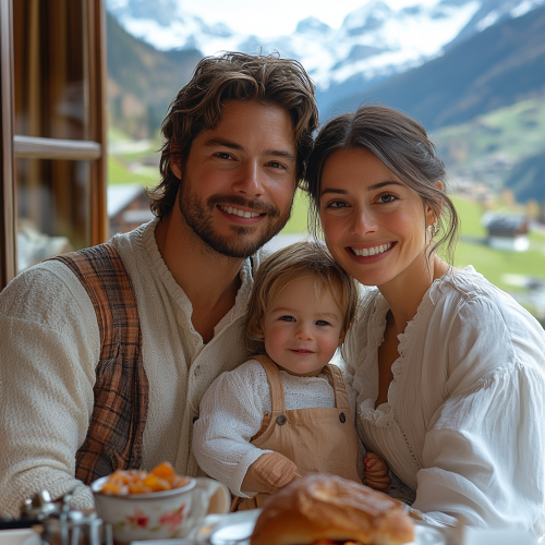 A happy family posing outside Swiss Alps restaurant A happy family posing outside Swiss Alps restaurant