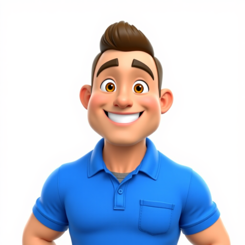 A happy strong roofer in blue shirt.
