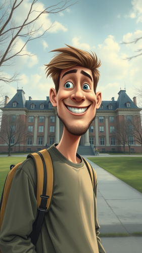 A hopeful student facing university worries, still smiling.