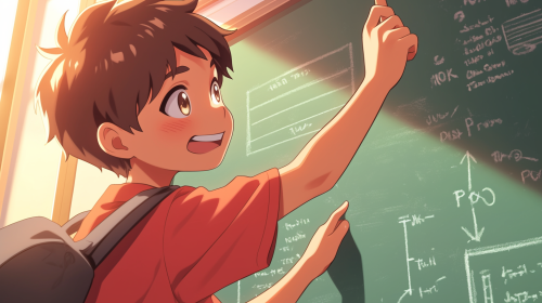 A joyful student solves math on classroom board. A joyful student solves math on classroom board.