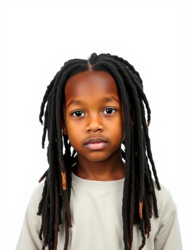 A kid with heavy dreads on plain face.
