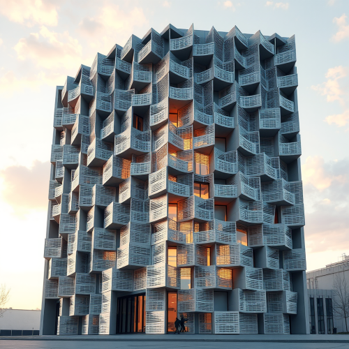 A kinetic facade with movable modules for climate control.