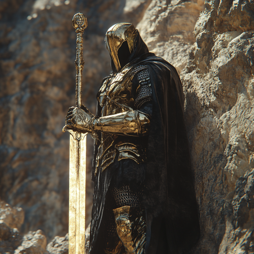 A knight pulls golden sword from rock
