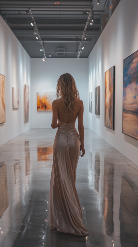 A lady in pretty dress walks through art gallery