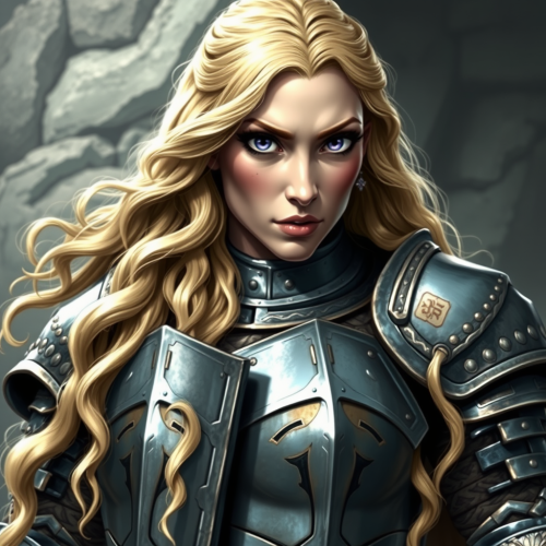 A large, muscular female knight with purple eyes.