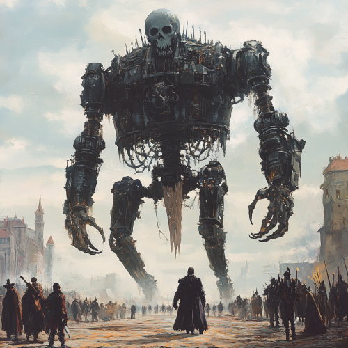 A large machine looms over weary travelers