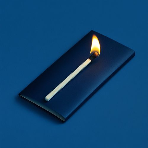 A lit match on navy matchbook on blue.