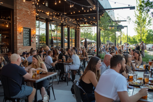 A lively restaurant with happy diners chatting